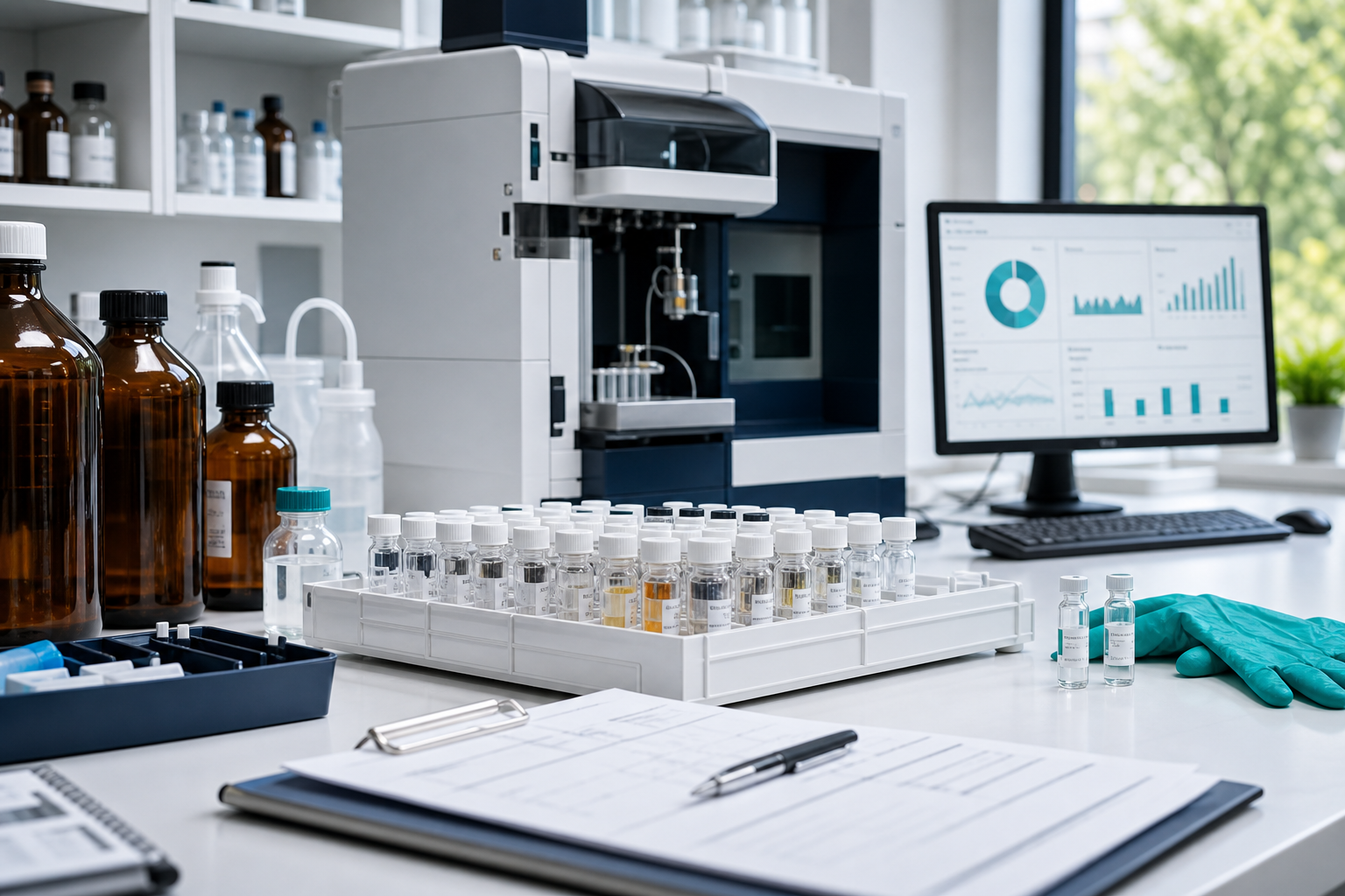 Modern analytical laboratory bench with organized samples, instrument, and operations monitor