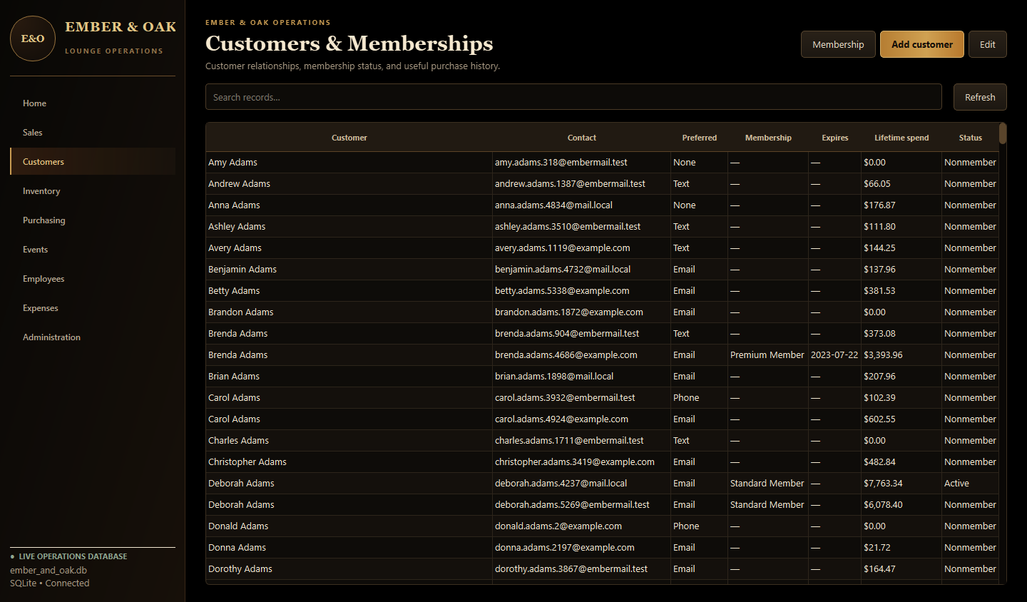 Ember and Oak PySide6 customers and memberships screen