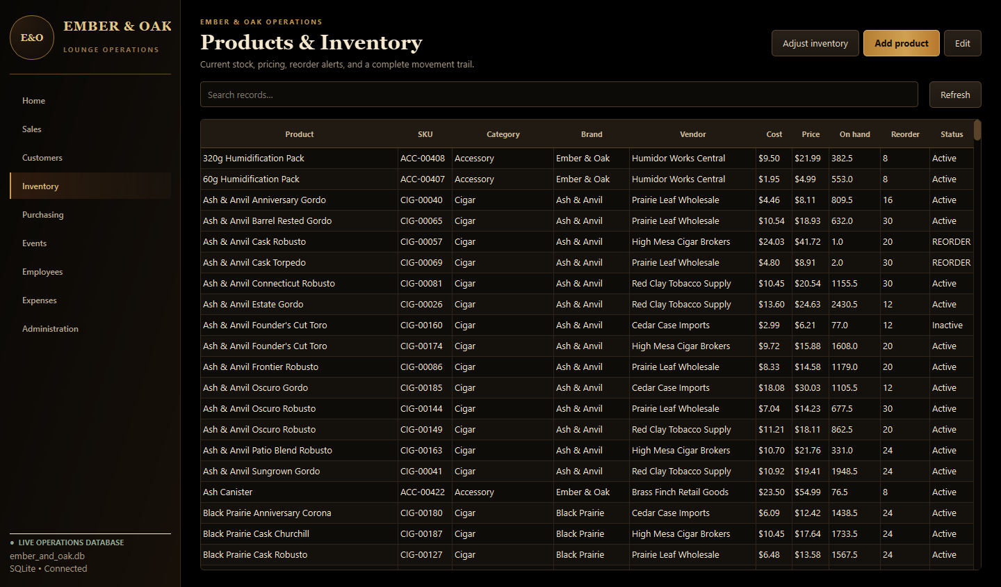 Ember and Oak PySide6 products and inventory screen