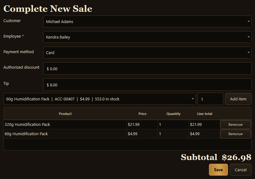 Ember and Oak PySide6 new sale workflow