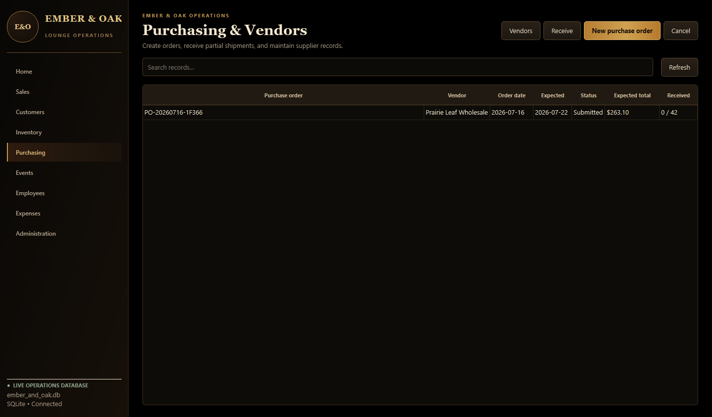 Ember and Oak PySide6 purchasing and vendors screen