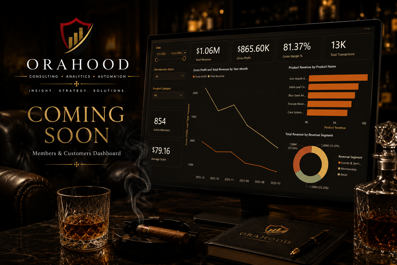 Ember and Oak dashboard teaser in a dark luxury cigar lounge with whiskey, cigar smoke, and gold analytics styling