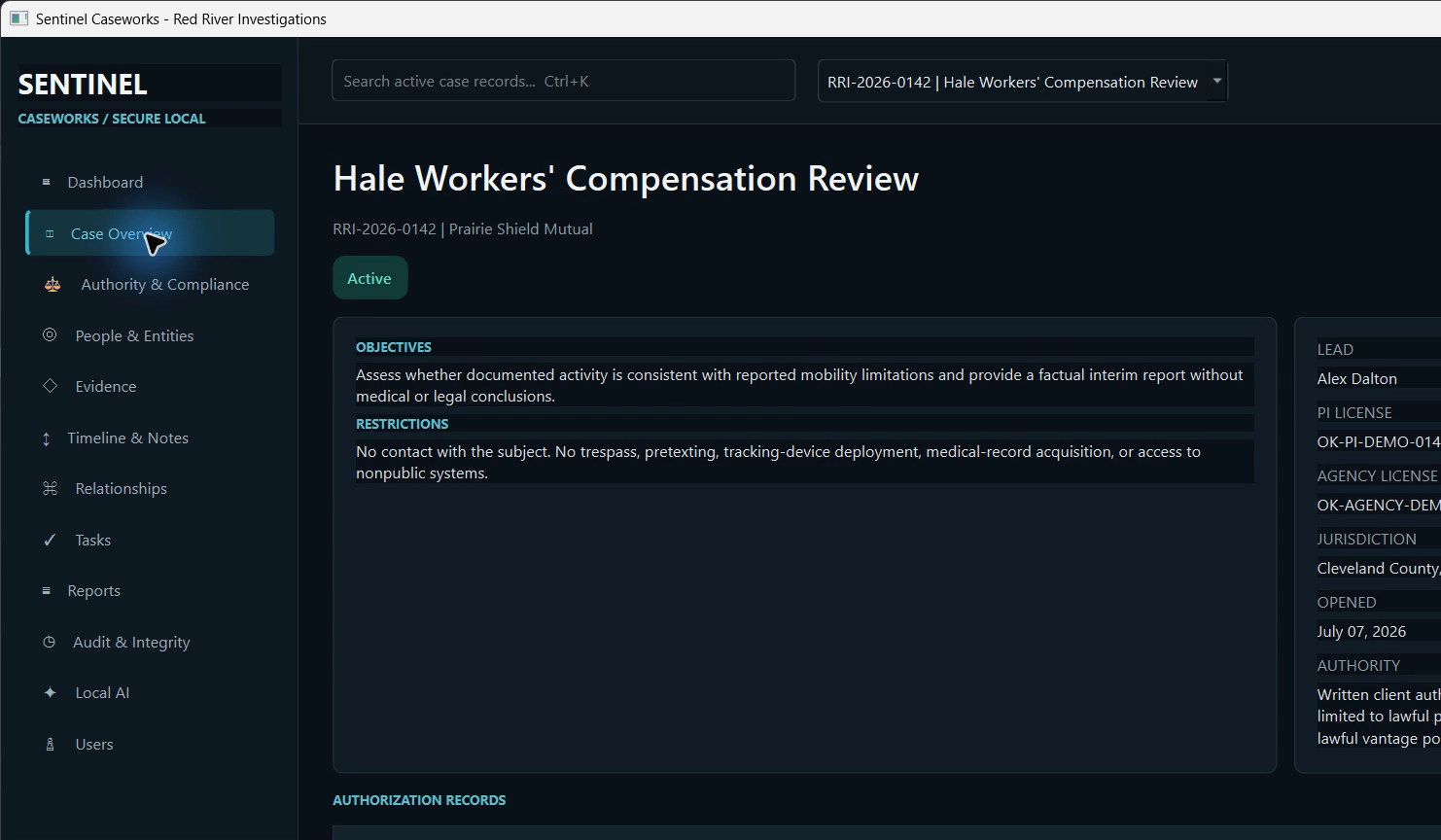 Sentinel Caseworks case overview with authority, objectives, restrictions, and case context