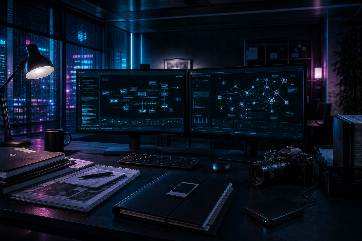 Cyberpunk-noir investigation workspace with secure case screens, camera, evidence files, and encrypted drive